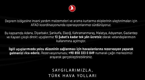 THY duyurdu: Deprem bölgesinden dönüş seferleri ücretsiz olacak